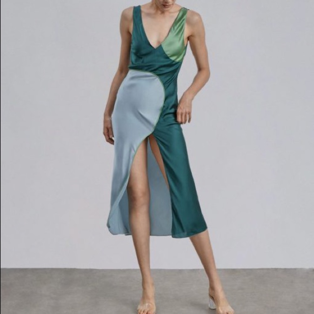 Silk Maison Geometric Splicing Split Silk Dress